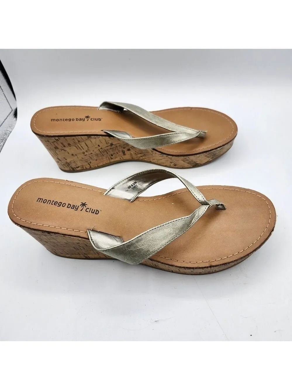 Montego Bay Club Metallic and Tan Cork Wedge Sandals Sz 9
